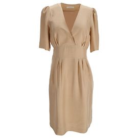 Vestido midi de manga curta em seda bege Chloé com decote em V Bege