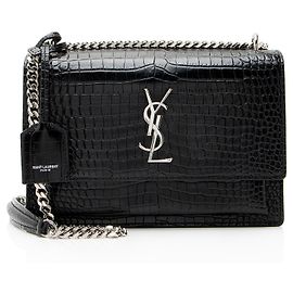 Saint Laurent Croc Embossed Leather Monogram Sunset Medium Shoulder Bag Noir