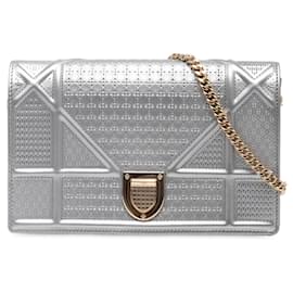 Dior-Dior Metallic Patent Microcannage Diorama Wallet On Chain-Silvery,Metallic