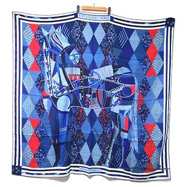 Sciarpa in cashmere e seta Hermès Carré Jean 140 Patchwork Cavallo Blu