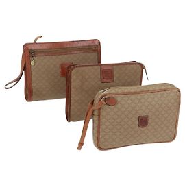 Céline CELINE Macadam Canvas Bag PVC Leather Suede 3 Set Beige Orange Auth 158541 Beige