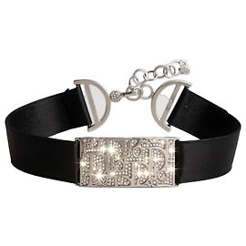 Colar choker Trotter raro em metal prateado e seda da Dior John Galliano com cristais Preto Prata