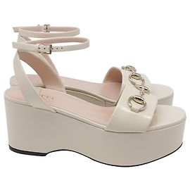 Gucci Lady Horsebit Ankle Strap Platform Sandals in White Leather Black
