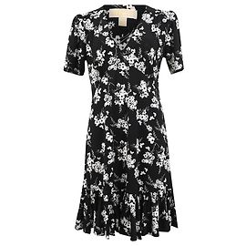 Michael Kors Floral Print Mini Wrap Dress in Black Polyester Black