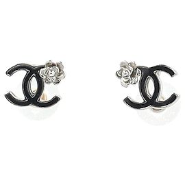 Chanel CC Logo Camellia Stud Earrings in Silver Metal Silvery Metallic