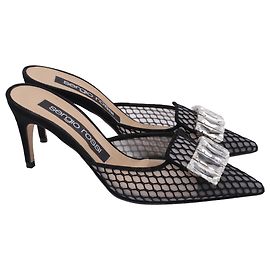 Sergio Rossi Crystal-Embellished Mesh-Accent Mules in Black Polyester Black