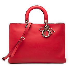 Dior Vermelho Grande Bolsa Diorissimo em Couro de Bezerro Liso Vermelho