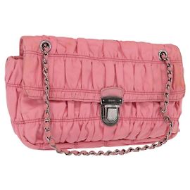 PRADA Bolsa de Ombro com Corrente Pregueada Nylon Rosa Prata Auth 161419 Prata Rosa