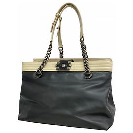 Chanel Boy Leather Tote Bag Black White