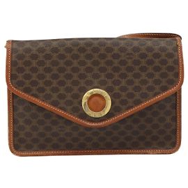 Céline Celine Vintage Macadam Lona e Couro com Logo Circular Marrom