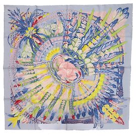 Lenço de seda Hermès Carré 90 Danse Pacific Rosa Azul Amarelo