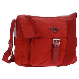 PRADA Shoulder Bag Nylon Red Silver Auth 161482 Silvery Red