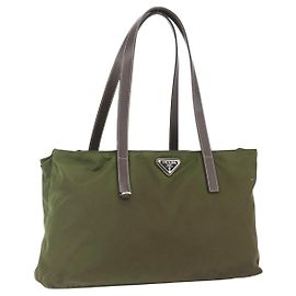 PRADA Tote Bag Nylon Khaki Silver Auth 161778 Silvery Khaki