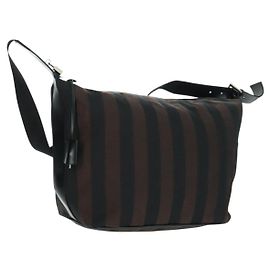 FENDI Pecan Canvas Shoulder Bag Black Brown Auth 160066 Brown Black