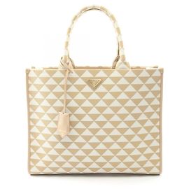 Bolsa tote em jacquard com bordado de símbolo Triangolo da Prada Branco Bege