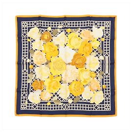 Lenço de seda Hermès Carré 90 "ROSERAIE" em amarelo Amarelo