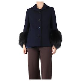 Prada Navy Wolle-Mix Pelzbesatz Jacke - Größe UK 10 Blau