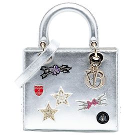 Dior Silver Medium Calfskin Patch Embellished Lady Dior Silvery