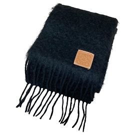 Cachecol de lã de mohair com patch de couro Anagram Loewe Marrom Azul marinho