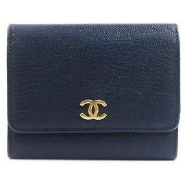Chanel Navy Leather Tri-Fold Wallet Navy blue