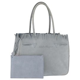 Salvatore Ferragamo Tote Bag Suede Blue Silver Auth 162145 Silvery Blue