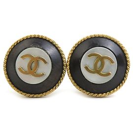 Chanel Coco Mark Clip Earrings Black White Golden