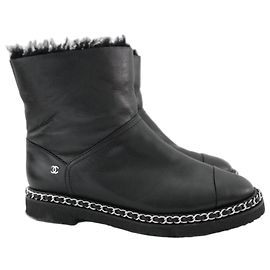 Chanel Chain Trim Leather Shearling Lined Ankle Boots Black