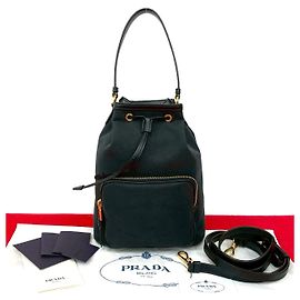 Prada Logo Canvas Leather 2way Handbag Black