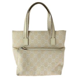 Gucci Beige White GG Canvas Leather Tote Bag Brown Beige