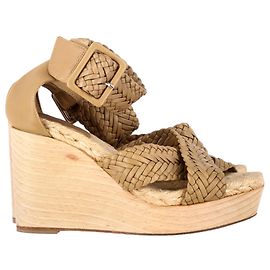 Hermès Criss-Cross Ankle Strap Wedges in Beige Leather Brown Red