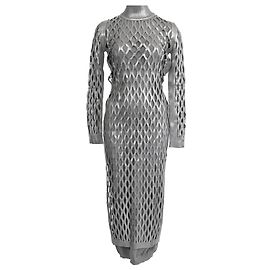 Fendi Fishnet Accent High-Neck Midi Dress in Metallic Silver Viscose Silvery Metallic