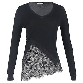 Schwarzer Wollpullover mit Spitzenbesatz und V-Ausschnitt Sandro Schwarz