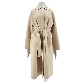 Maje Beige Wool Trench Coat with Fringe Beige