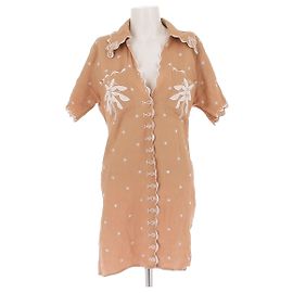 Robe courte Magali Pascal en lin marron avec broderie blanche Marron