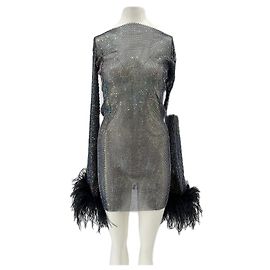Autre Marque Vestido com strass e penas Preto