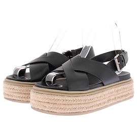 Sandales compensées Prada en cuir et raphia noir Noir