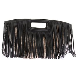 Maje Sac à franges en raphia et cuir Noir