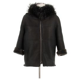 Sam Rone Black Sheepskin Jacket with Fox Fur Collar Black