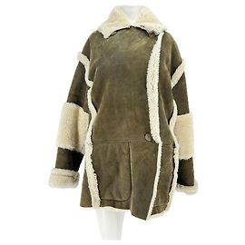 Drome Leder- und Kunstfellmantel Khaki