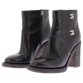 Chanel Black Leather Heeled Boots CC Clasp Black