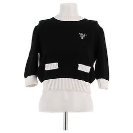 Prada Cropped Pullover Schwarz Weiß mit Logo Stickerei Schwarz