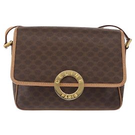 Céline Celine Vintage Macadam Logo Circular em lona e couro Marrom