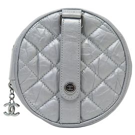 NEW CHANEL ROUND QUILTED LEATHER BELT WALLET BAG Silvery