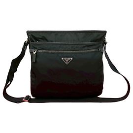 Prada Triangle Logo Nylon Saffiano Leather Shoulder Bag Black