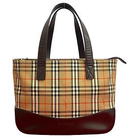 Burberrys Leather Canvas Handbag Brown