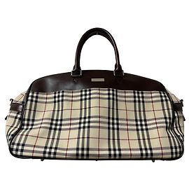 Burberry Nova Check Leather Nylon Boston Bag Brown Beige