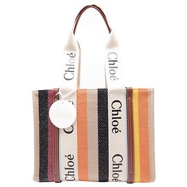 Borsa Tote Chloé Medium Woody a Strisce in Lino Multicolore Multicolore