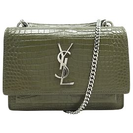 NEW SAINT LAURENT SUNSET TOP HANDLE SMALL CROCODILE EFFECT LEATHER BAG Khaki