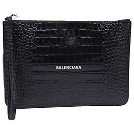 Pochette zippée en cuir noir avec logo Balenciaga et embossage crocodile Noir