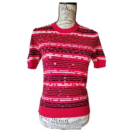 Eric Bompard Kurzarmpullover Baumwolle Kaschmir mit Pailletten Weiß Rot Marineblau
